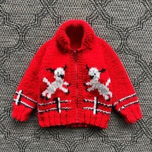 Vintage Animal Sweater Kids Toddler Red Lamb Cowichan Knit Handmade Acrylic